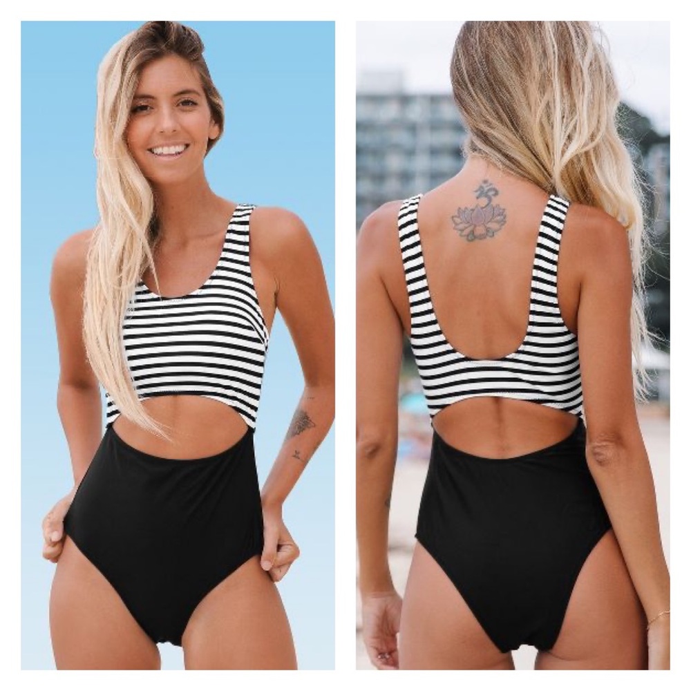 One Piece Swimsuit Striped Cutout Wide Strap Swimwear Bathing Suit XL